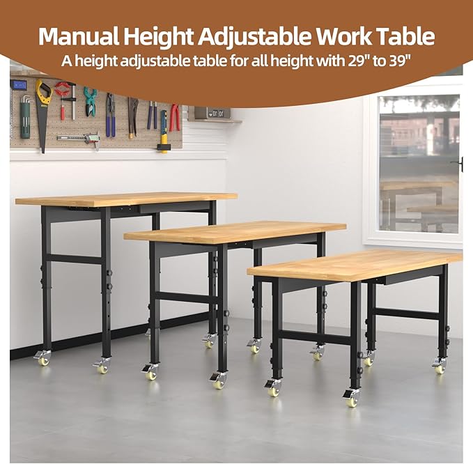 60'' Adjustable Workbench, Solid Wood Work Bench Table with Wheels and Power Outlet, Rolling Workbench Large Load Capacity Garage Workbench for Workshop,Office,Home