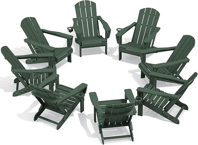 SERWALL Folding Adirondack Chair Set of 8, Reclining Adirondack Chair with 3 Recline Positions, All Weather HDPE Outdoor Adirondack, Green