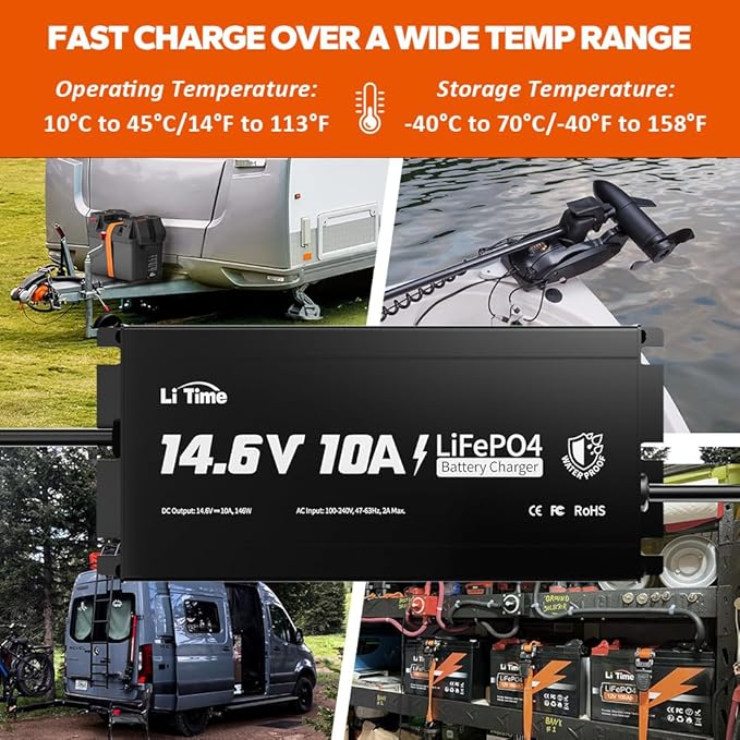 LiTime IP65 Waterproof 14.6V 10A LiFePO4 Onboard Charger, Fast Charging, 4 Safety Protections, Better Charging Performance, Extend Lithium Batteries Life, with LED Indicator, Outdoor & Marine Use