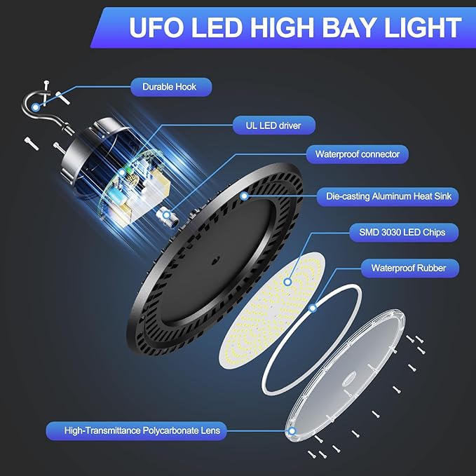 UFO LED High Bay Light 240W 6 Pack High Bay LED Shop Lights 36,000LM 5000K 0-10V Dimmable 5' Cable with US Plug ETL Listed High Bay Lights for Shop Warehouse Factory Barn Black