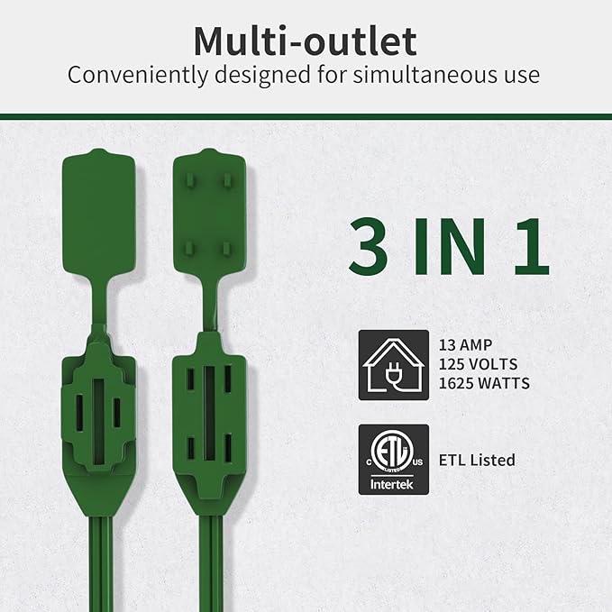 PLUGTUL 3-Pack Indoor Extension Cord (6/9/12FT), 2 Prong Green Extension Cord, 3 Polarized Outlets with Safety Cap Protect for Home Office, 16/2 SPT-2 ETL Listed