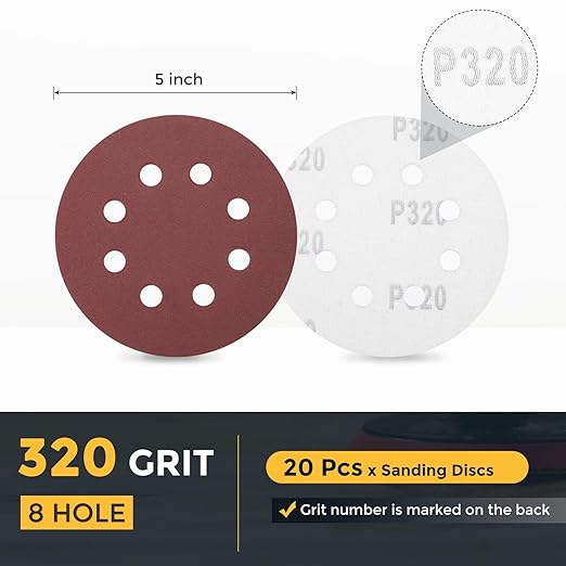 HARFINGTON 20 Pcs 5 Inch Sanding Discs, 320 Grit Hook and Loop Sandpaper, 8-Hole Aluminum Oxide Orbital Sander Sandpaper for Woodworking Automotive Metal Polishing, Red