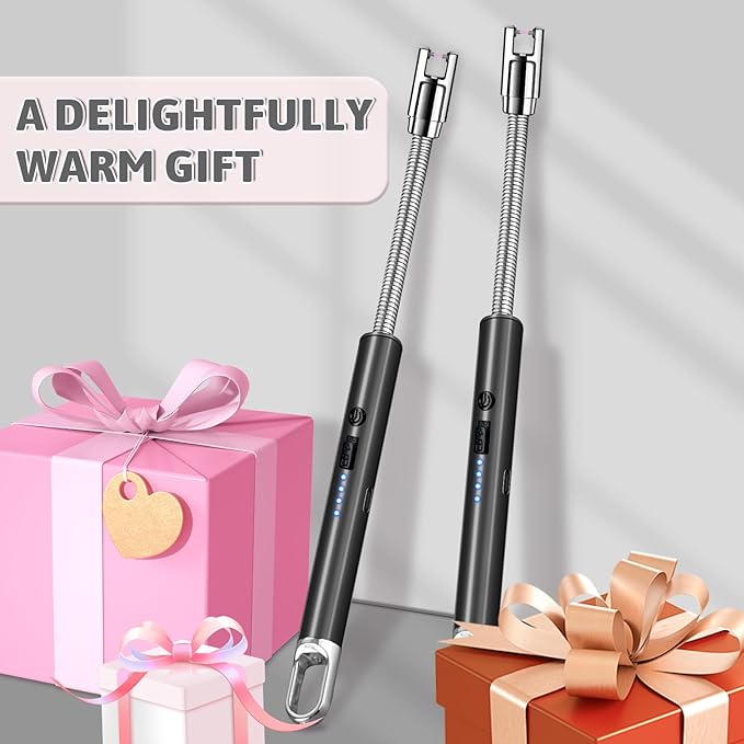 2 PCS Electric Lighter, Candle Lighter Arc Windproof Flame-Less with 360° Flexible Neck & LED Power Display, Type-C Rechargeable for BBQ, Grill, Camping, Fireplace, Stove