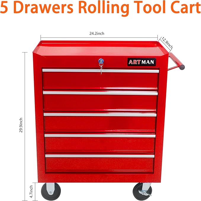 5 Large Drawers Rolling Tool Cart on Wheels, Trolley Organizer Tool Case Chest, Multifunctional Tool Storage Box for Workshop, Garage, Warehouse, Repair Shop(5 Drawers-29.3" H-Red)