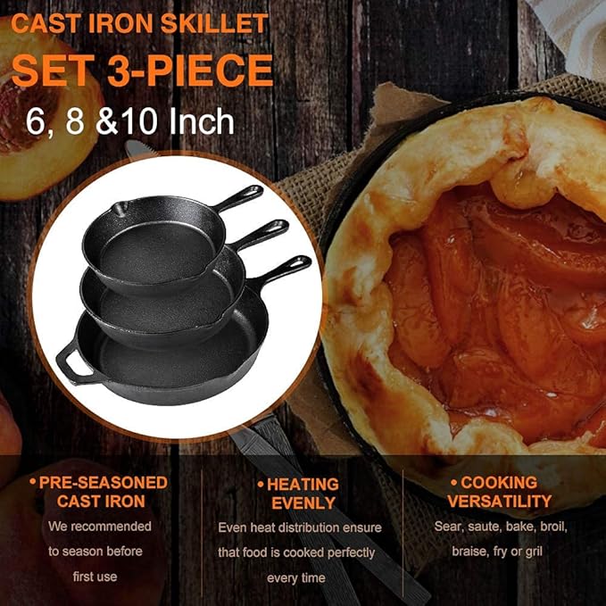 Suteck Cast Iron Skillet Set 3 piece | 6", 8" & 10" Pre-Seasoned Cast Iron Pans with 3 Silicone Heat-Resistant Holders - Indoor and Outdoor Use - Oven Grill Stovetop Induction Safe Cookware
