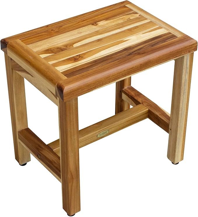 EcoDecors 18 Inch Natural Teak Waterproof Teak Wood Shower Bench Stool Seat Chair For Inside Shower Provides Safety, Storage, and Organization For Bathroom Accessories
