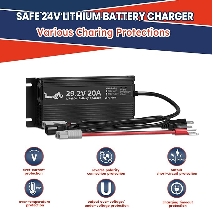 29.2V 20A LiFePO4 Battery Charger, 24V Mountable Lithium Battery Charger with LED Indicators and Multi Safety Protections for Lithium Iron Deep Cycle Rechargeable Batteries of Boat, RV (Regular)