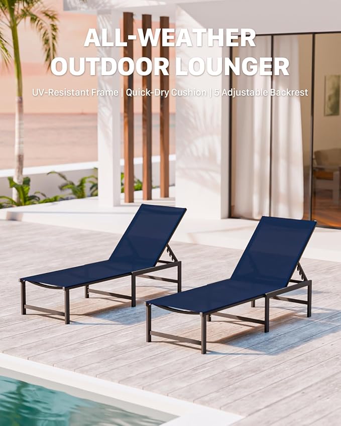 Chaise Lounge Chair Outdoor,Aluminum Patio Lounge Chairs Set of 2,Pool Lounge Chairs with 5 Adjustable Backrest and Headrest Pillows for Outside Beach，NavyBlue