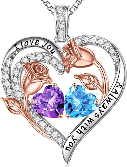 Iefil Christmas Gifts for Women Wife - 925 Sterling Silver Rose Heart Birthstone Necklace Birthday Anniversary Jewelry Gifts for Her Wife Mom Daughter