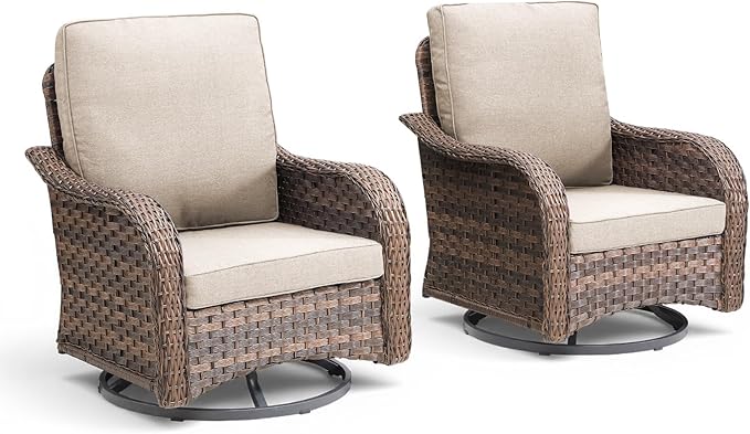 Outdoor Swivel Rocker Patio Chairs-High Back Wicker Swivel Rocker Patio Chairs Set of 2,All Weather Wicker Chair Patio Furniture Sets with Covered Cushions for Porch Balcony Deck Brown/Beige