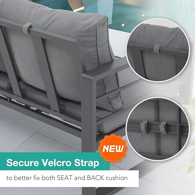 Patiorama Aluminum Patio Furniture Set, 2 PCS Outdoor Armchairs Single Sofa Couch, All Weather Dark Grey Metal Chair with Olefin Cushion, Deep Seating, 300 lbs Capacity, Deck, Garden-Grey Cushion
