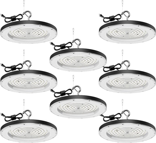 8 Pack LED High Bay Lights 300W 5000K AC110V-130V with US Plug - 30000 LM Commercial Bay Lighting for Barn Warehouse Garage