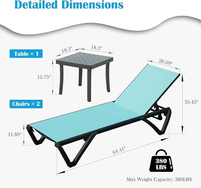 Domi Outdoor Lounge Chair, Aluminum Plastic Patio Chaise Lounge with Side Table & 5 Position Adjustable Backrest & Wheels, All Weather Reclining Chair for Outside Beach Poolside Lawn, Lake Blue