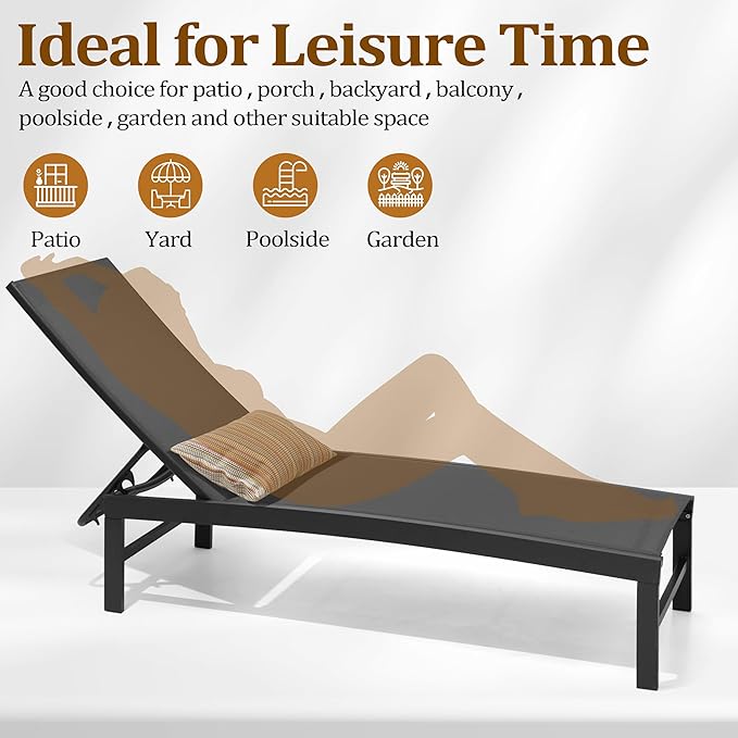Patio Aluminum Chaise Lounge Chair, Set of 2 Outdoor Recliner Lounge Chair Sun Loungers, All Weather Chaise with 5 Adjustable Backrest and Lay Flat Positions for Garden, Balcony, Pool, Black