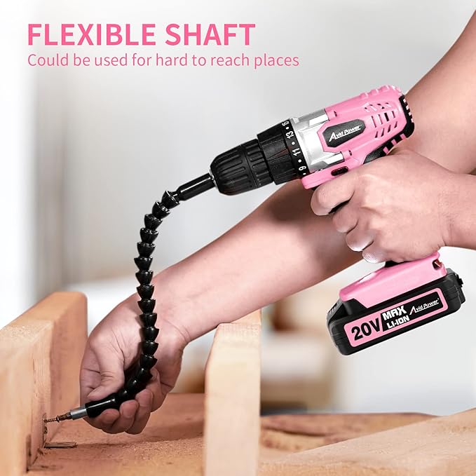 AVID POWER 20V MAX Lithium lon Cordless Drill Set, Power Drill Kit with Battery and Charger, 3/8-Inch Keyless Chuck, Variable Speed, 16 Position and 22pcs Bits (Pink)