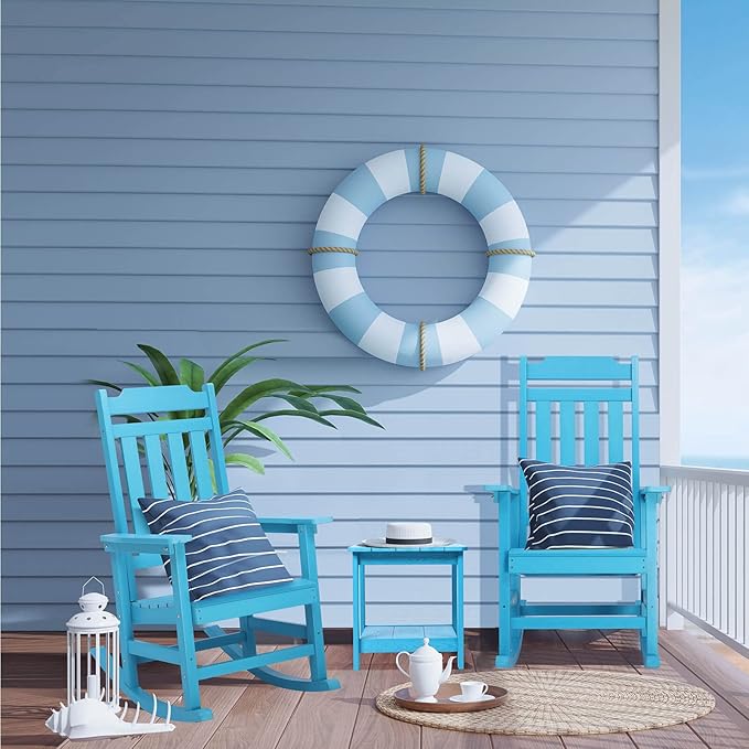 Rocking Chairs Set of 4, All Weather Resistant Poly Lumber Outdoor Porch Rocker, Rocking Chairs for Outdoor, Indoor, Patio, Deck, Garden, Backyard, Load Bearing 380 lbs - Lake Blue