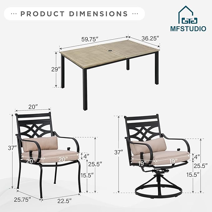 MFSTUDIO Patio Table and Chairs Set, Patio Dining Set for 6 with Umbrella Hole, Outdoor Dining Sets with Cushioned Chairs, 7 Piece Outdoor Patio Furniture Set for Deck Backyard Garden