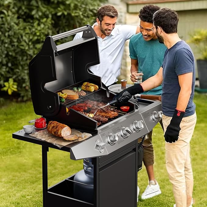 3 Burner Gas Grill with Side Burner,Stainless Steel Propane Grill Outdoor BBQ Grill with Oil Tray and Built-in Thermometer for Outdoor Barbecue, Camping, Patio, Backyard, 39,000 BTU
