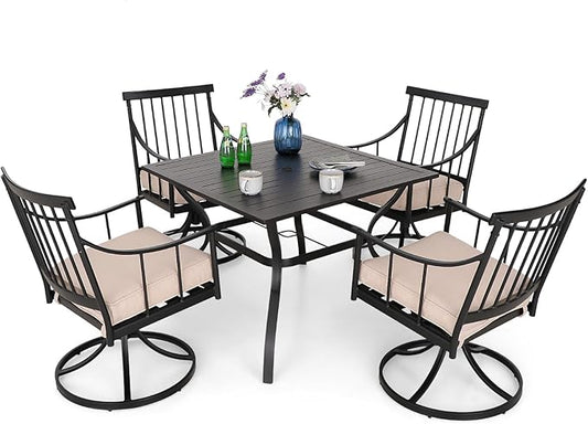 MFSTUDIO 5 Piece Metal Patio Dining Set, Outdoor Furniture Set with 4 Swivel Chairs Chairs and 37" Square Dining Table - Umbrella Hole 1.57"