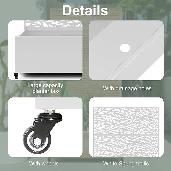 Metal Planter Box with Trellis & Wheels for Outdoor Plants, Large Raised Garden Beds with Drainage Holes, Privacy Planters Box with Trellis for Plants Vegetables, (47" L, White Spring)