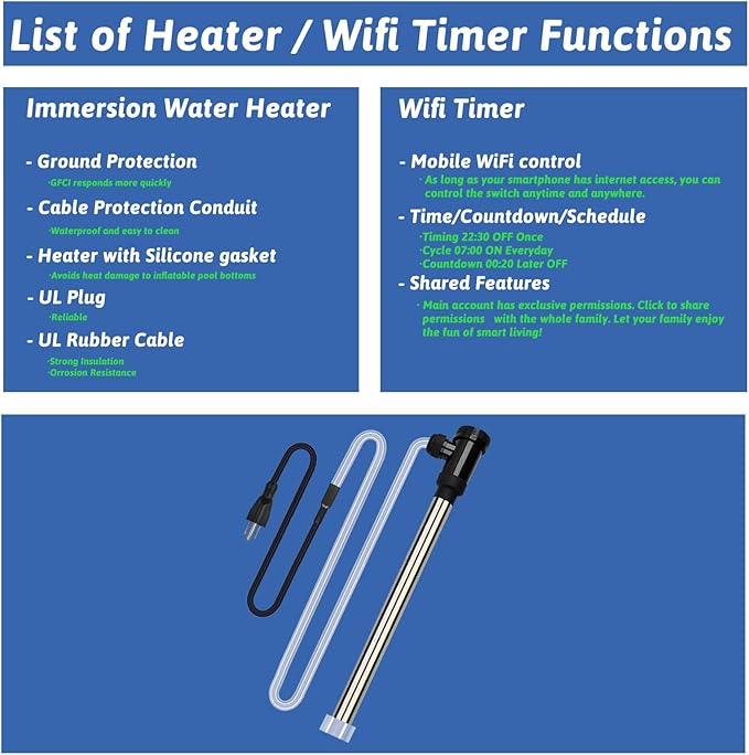 1800W Submersible Water Heater Portable Electric Pool and Hot Tub Immersion Water Heater with WiFi Timer and Auto Shut Off for Bathtub, Spa, Baptistry, above ground pool and Inflatable Pool