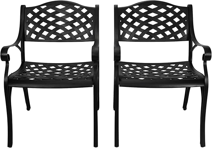 Cast Aluminum Patio Chairs Set of 2,Outdoor Bistro Dining Chair with Armrests,Metal 2 Piece Patio Bistro Chair with Adjustable Feet, Wrought Iron Outside Patio Furniture for Garden,Black
