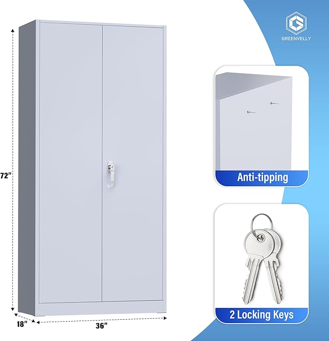 Greenvelly Metal Storage Cabinet with Doors and Shelves, 72'-Inch Locking Metal Cabinet for Garage, Office, School, Warehouse (Dark Gray)