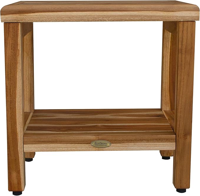EcoDecors Eleganto 18 Inch Natural Color Waterproof Teak Wood Shower Bench Stool Seat Chair For Inside Shower Provides Safety, Storage, and Organization For Bathroom Accessories