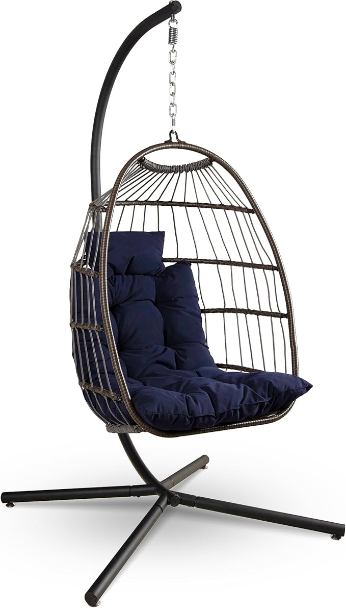 SereneLife Deep Blue Foldable Hanging Egg Chair with Stand Rattan Wicker Outdoor Indoor Swing Seat Waterproof Cushion & Headrest Heavy Duty Steel Frame 350 lb Capacity Hammock for Patio Porch Garden
