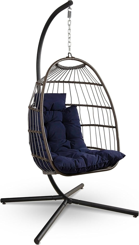 SereneLife Deep Blue Foldable Hanging Egg Chair with Stand Rattan Wicker Outdoor Indoor Swing Seat Waterproof Cushion & Headrest Heavy Duty Steel Frame 350 lb Capacity Hammock for Patio Porch Garden