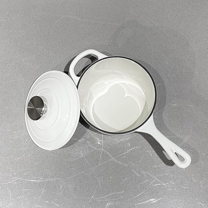Commercial Grade, Cast Iron Enameled Cookware (White, Sauce Pan 1.75qt)