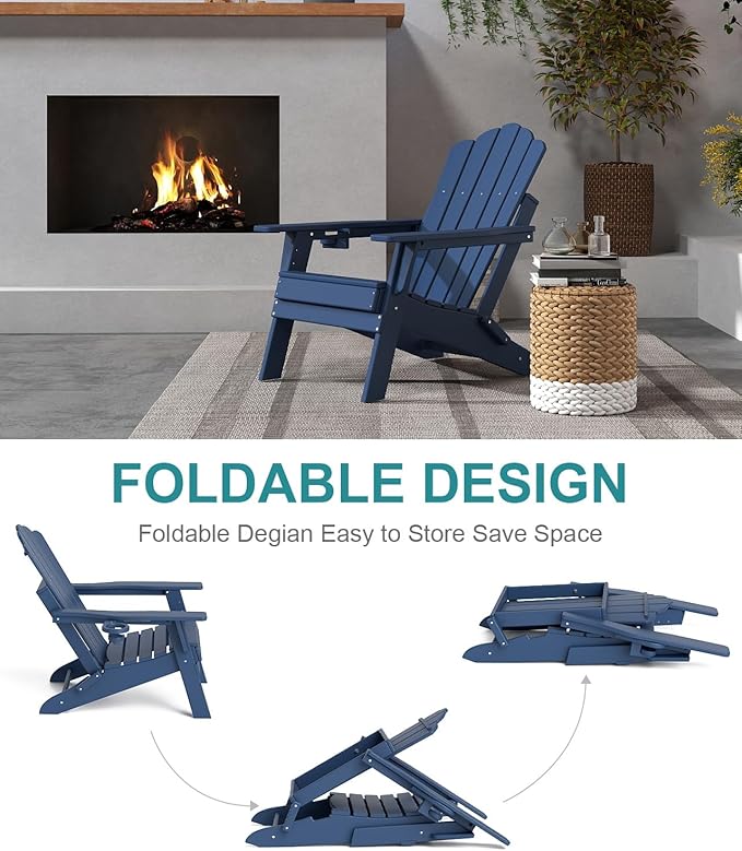 FOOWIN Adirondack Chair, Folding Adirondack Chair with Cup Holder, HDPE All-Weather Fire Pit Chair for Patio, Garden, Backyard, Poolside, Navy Blue