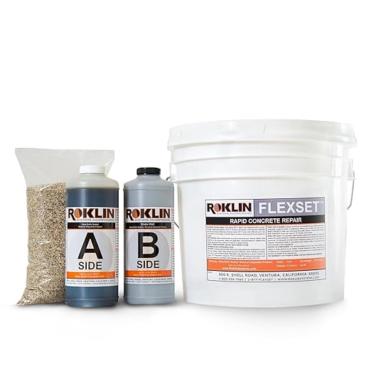 Roklin Systems Inc. FlexSet Rapid Concrete Repair Kit - Self-Leveling Epoxy Cement for Driveways, Foundations, Large Cracks, and Outdoor Repairs - Gray (3 Gallon)