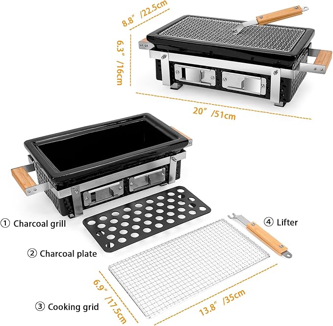 Charcoal BBQ Hibachi Grill with Grid Lifter, Portable Yakitori Grill with Stainless Steel Grate, Barbecue Stove for Outdoor Camping Picnic Patio Backyard Cooking, GS306