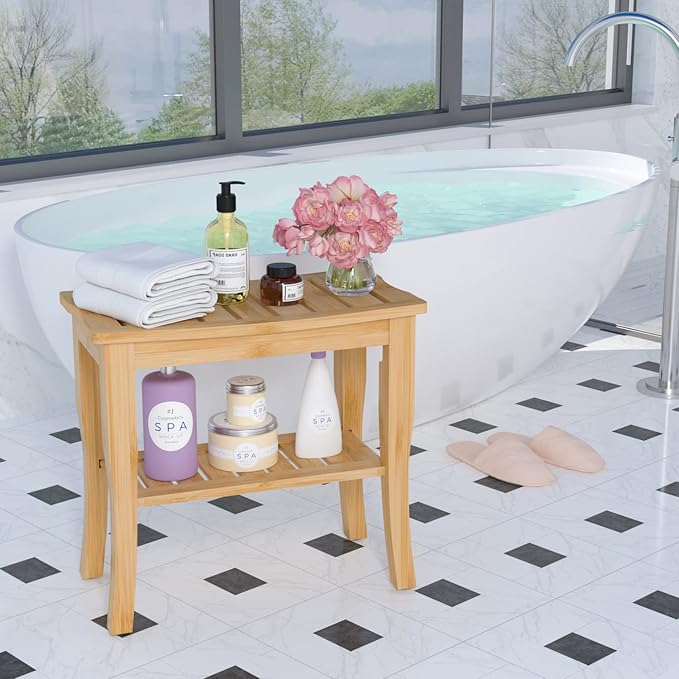 Domax Bamboo Shower Benches for Inside Shower - Bathroom Bench Seat Waterproof Wooden Shower Stool with Storage Shelf for Adults Elderly Seniors Wood Shower Chair for Bathtub or Small Spaces, Natural