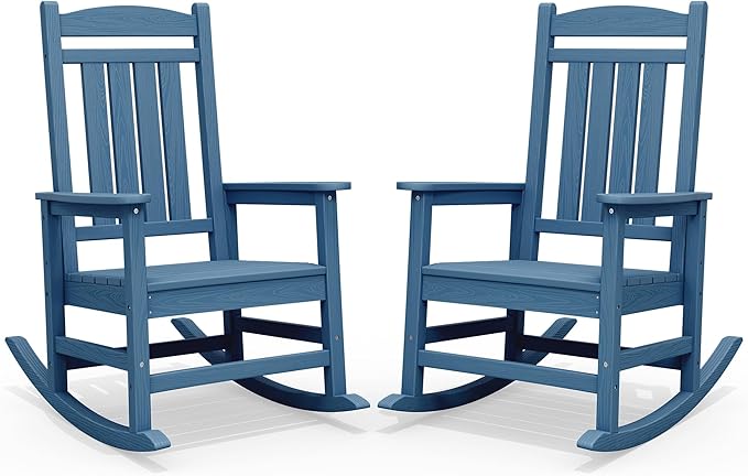 SERWALL Patio Rocking Chairs Set of 2, HDPE Outdoor Rocking Chair, All-Weather Porch Rockers for Adults, Blue