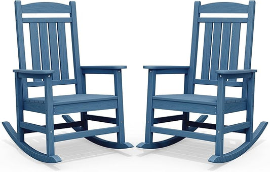 SERWALL Patio Rocking Chairs Set of 2, HDPE Outdoor Rocking Chair, All-Weather Porch Rockers for Adults, Blue