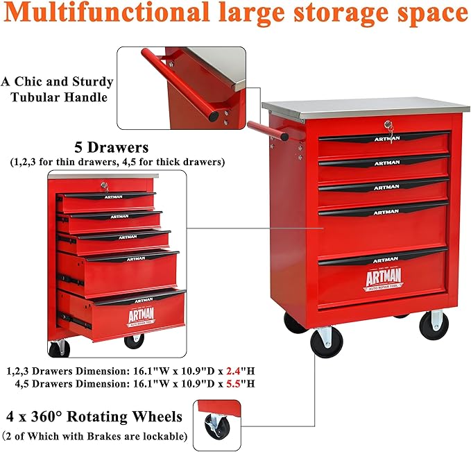 5 Drawers Rolling Tool Box on Wheels, Multifunctional Tool Cart, Drawers Rolling Trolley Organizer Tool Storage Chest for Garage,Workshop,DIY Multiple Interconnectable(4 Drawers-30.5" H)