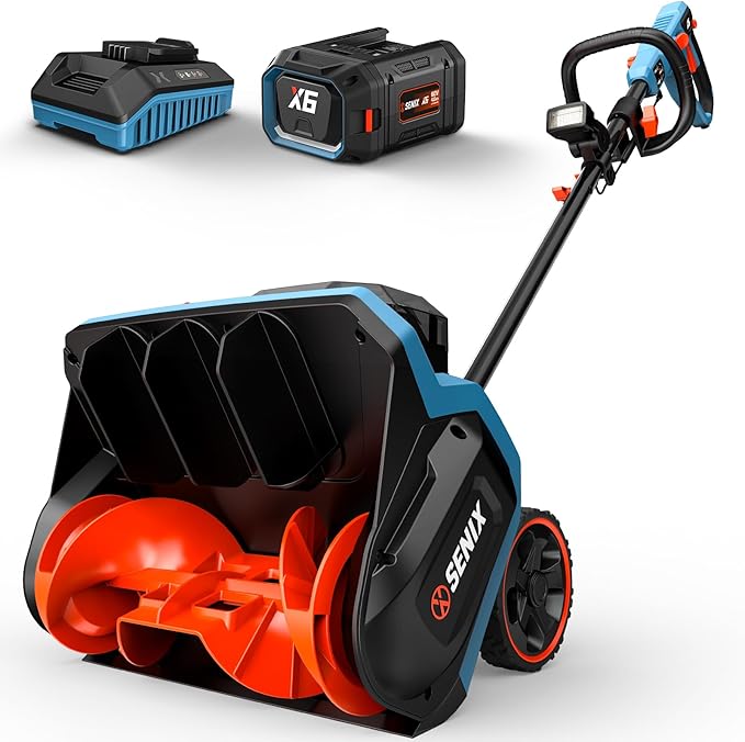SENIX 60V 15" Cordless Snow Blower, Snow Shovel with Wheel for Decks, Steps, Driveways & Walkways | Steel Auger, 6000mAh Battery, 6" Depth, 33FT Throw, 600lbs/m, LED Lights, 2 Speed, 75° Direction