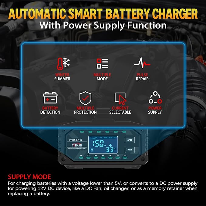 YONHAN 15A Battery Charger, Adjustable Current Car Battery Charger,12V/24V LiFePO4 Lead Acid Trickle Charger, Desulfator with Temperature Compensation for AGM, STD, Gel, Deep Cycle Batteries
