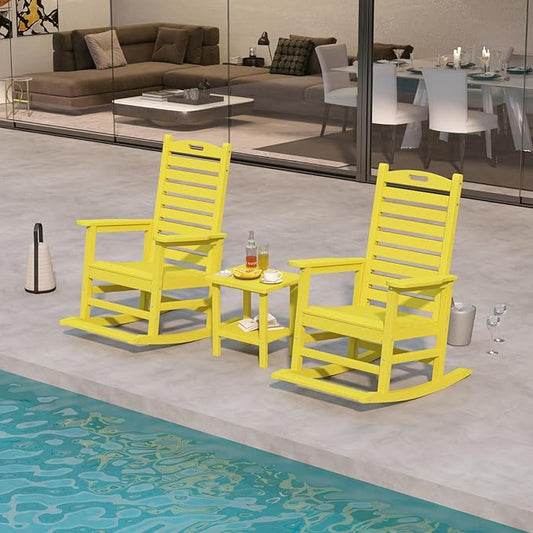 Outdoor Rocking Chairs Set of 2 with Footrest & Side Table, HDPE Modern Rocking Lawn Chair for Garden, Poolside, Deck (Yellow)