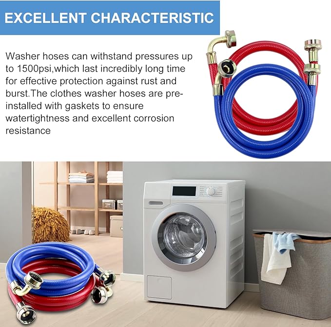 Rubber Washing Machine Hoses 6FT with 90 Degree Elbows,Universal Washing Machine Hose,Burst Proof Water Supply Lines for Hot and Cold Water Washer Hoses (2 Packs)-by MIFLUS