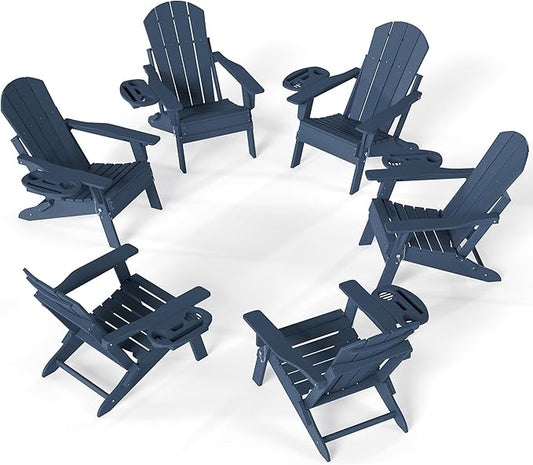 FOOWIN Folding Adjustable Adirondack Chair Set of 6,HDPE Adirondack Chair w/4 in 1 Cup Holder Trays,All-Weather Resistant Fire Pit Chair, Outdoor Chair for Patio Lawn Poolside,400lbs,Navy Blue