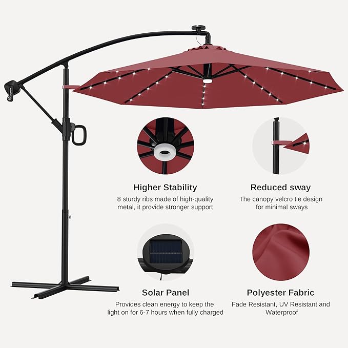 EAST OAK Patio Umbrella, 10 ft Outdoor Offset Umbrella with 8 Ribs, 40 LED Solar Lights and Crank, Aluminum Pole and UPF 50+ Fade Resistant for Garden, Deck and Poolside, New Red