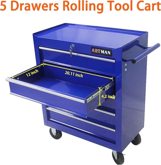 5 Large Drawers Rolling Tool Cart on Wheels, Trolley Organizer Tool Case Tool Chest, Multifunctional Tool Storage Tool Box for Workshop, Garage, Warehouse, Repair Shop (5 Drawers-29.3" H-Blue)