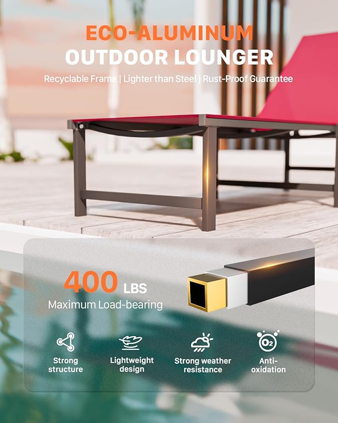 Chaise Lounge Chair Outdoor,Aluminum Patio Lounge Chairs Set of 2,Pool Lounge Chairs with 5 Adjustable Backrest and Headrest Pillows for Outside Beach，Red