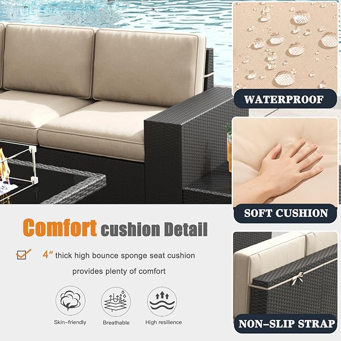 Patio Furniture Set with Fire Pit Table, 7 Pieces Outdoor All-Weather Wicker Conversation Sectional Chair Sofa Set