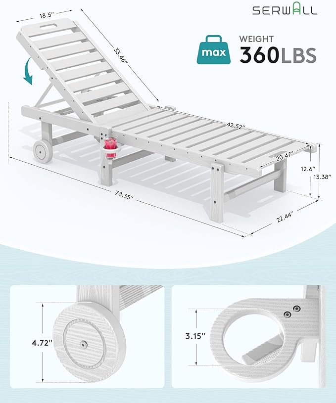 SERWALL Patio Chaise Lounge Set of 4, HDPE Outdoor Lounge Chair with Cup Holder, 5 Positions Adjustable Pool Lounge Chair with Rolling Wheels for Poolside, Deck, Sunbathing, White