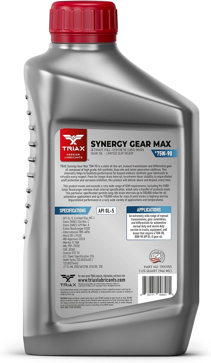 Triax Synergy Gear Max 75W-90 GL-5 Limited Slip, Ultra Long Drain 500k Miles, Manual Transmission, Gear/Differential Lubricant (6 Quart Pack)