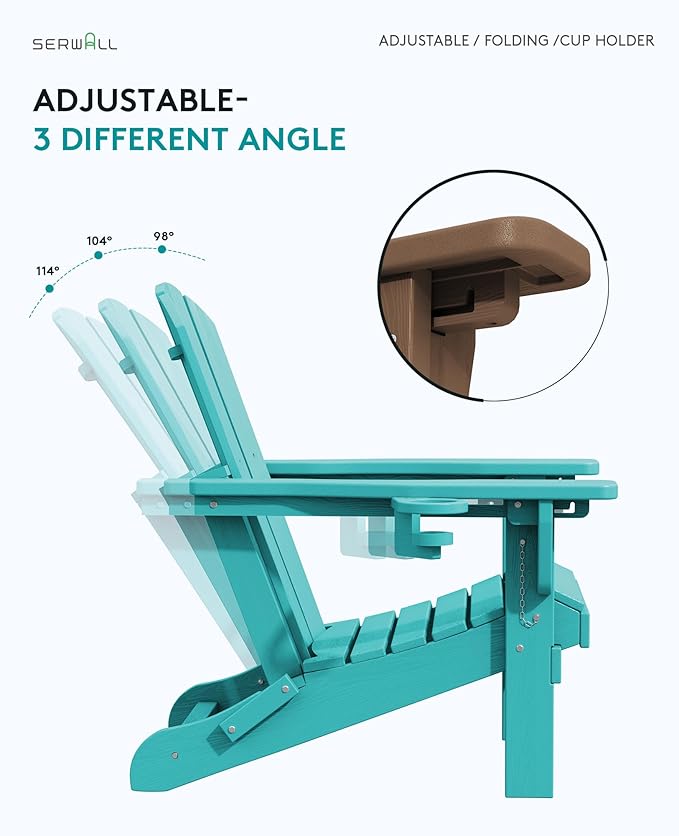 SERWALL Folding Adirondack Chair Set of 6, Adjustable Adirondack Chair with 3 Recline Positions, All Weather HDPE Outdoor Adirondack with Cup Holders, Aruba